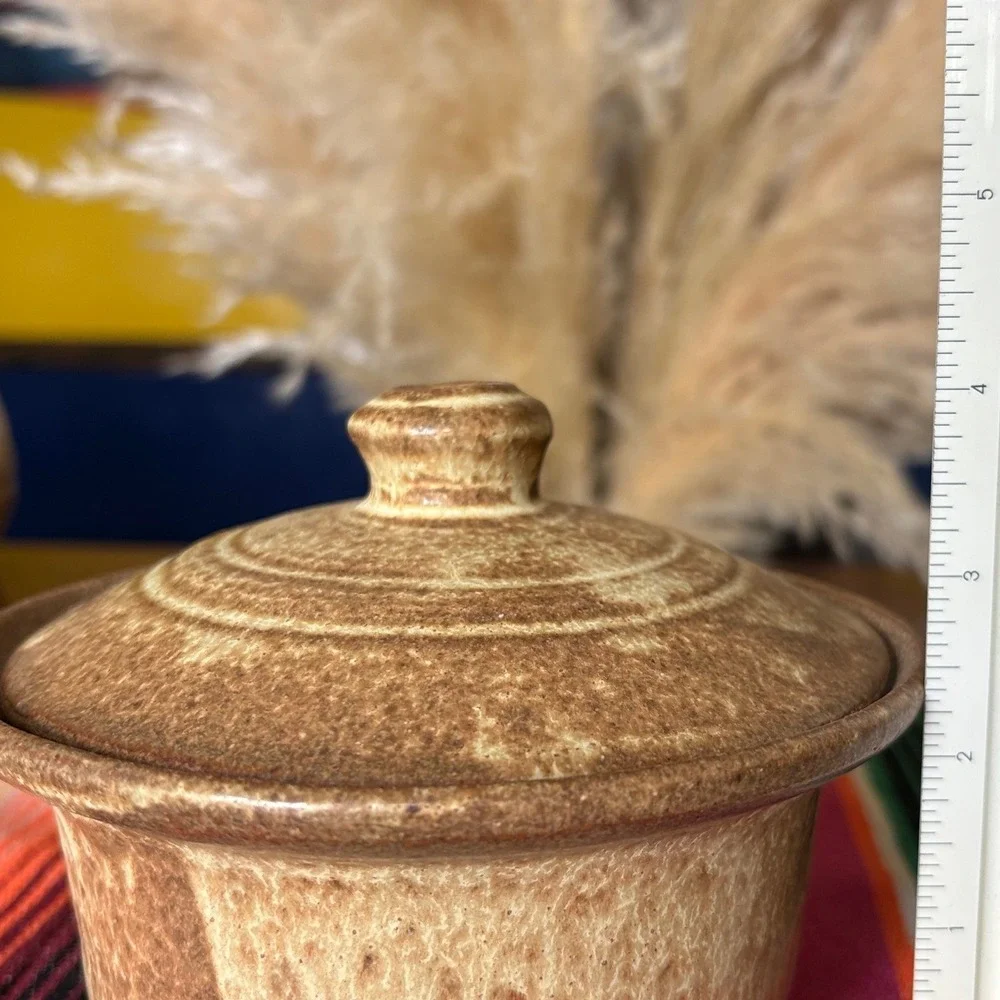 Vintage Studio Pottery Lidded Bowls Set of 2 Earth Tone Speckled Stoneware 5.5